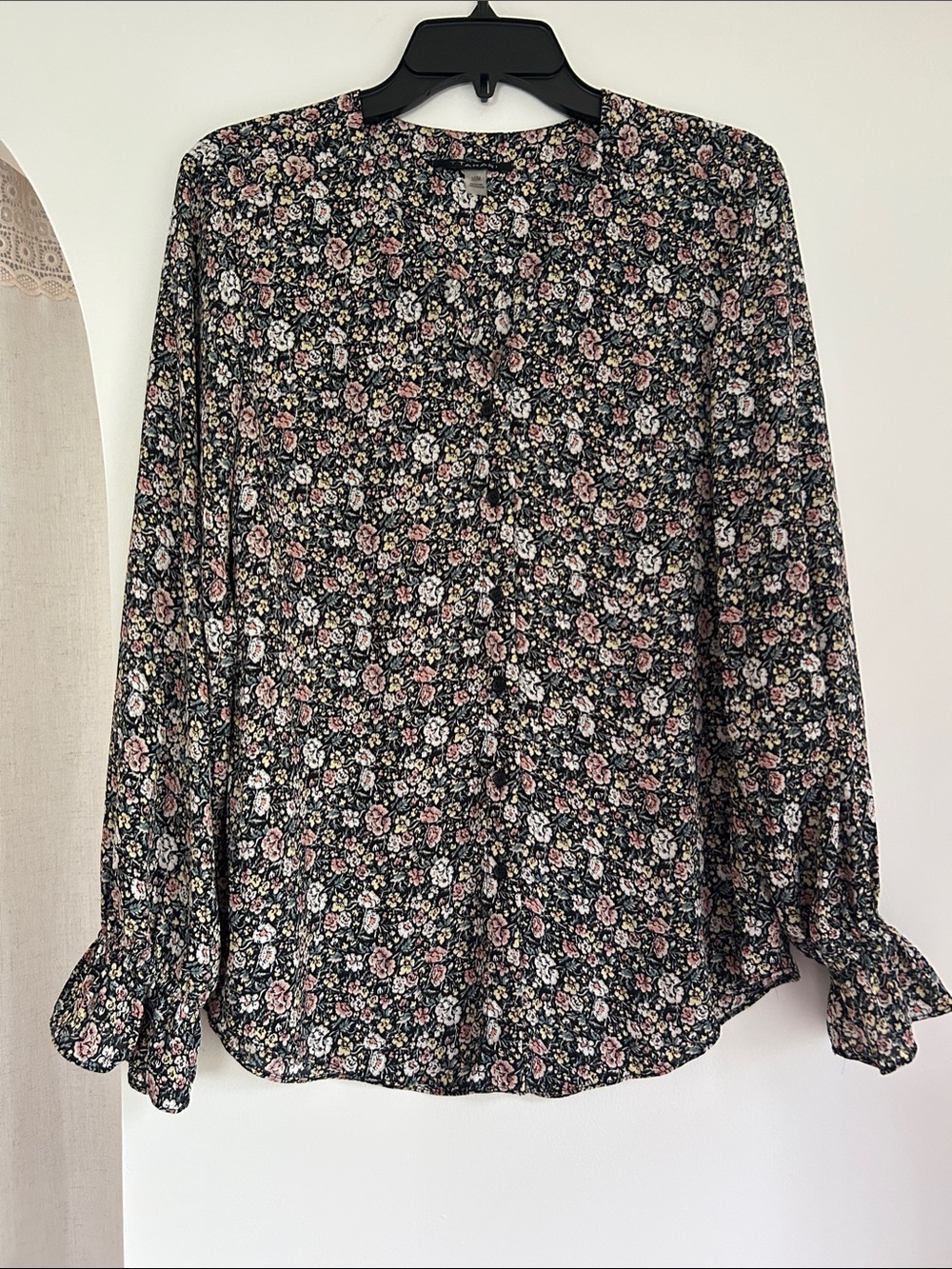 Tahari Black Floral Long-Sleeve Blouse with Pink & White Blooms